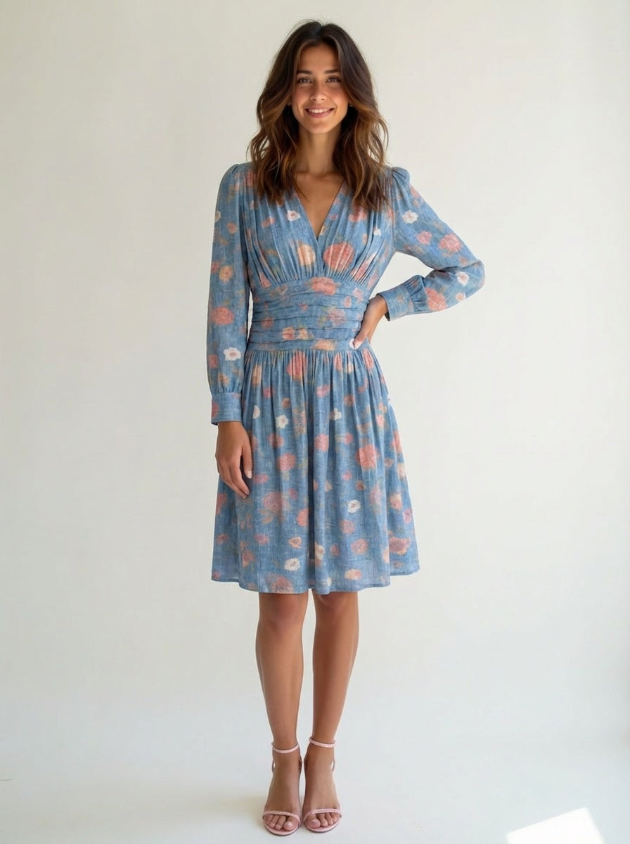 Floral Cotton Midi Dress for Women Long Sleeve V-Neck Linen Blossom Chambray Rose Boho Dress