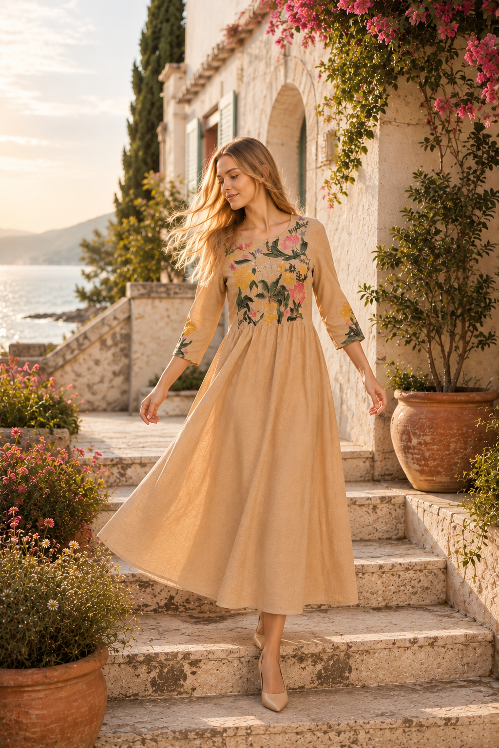 Floral Boho Embroidery with Hand paint Dress