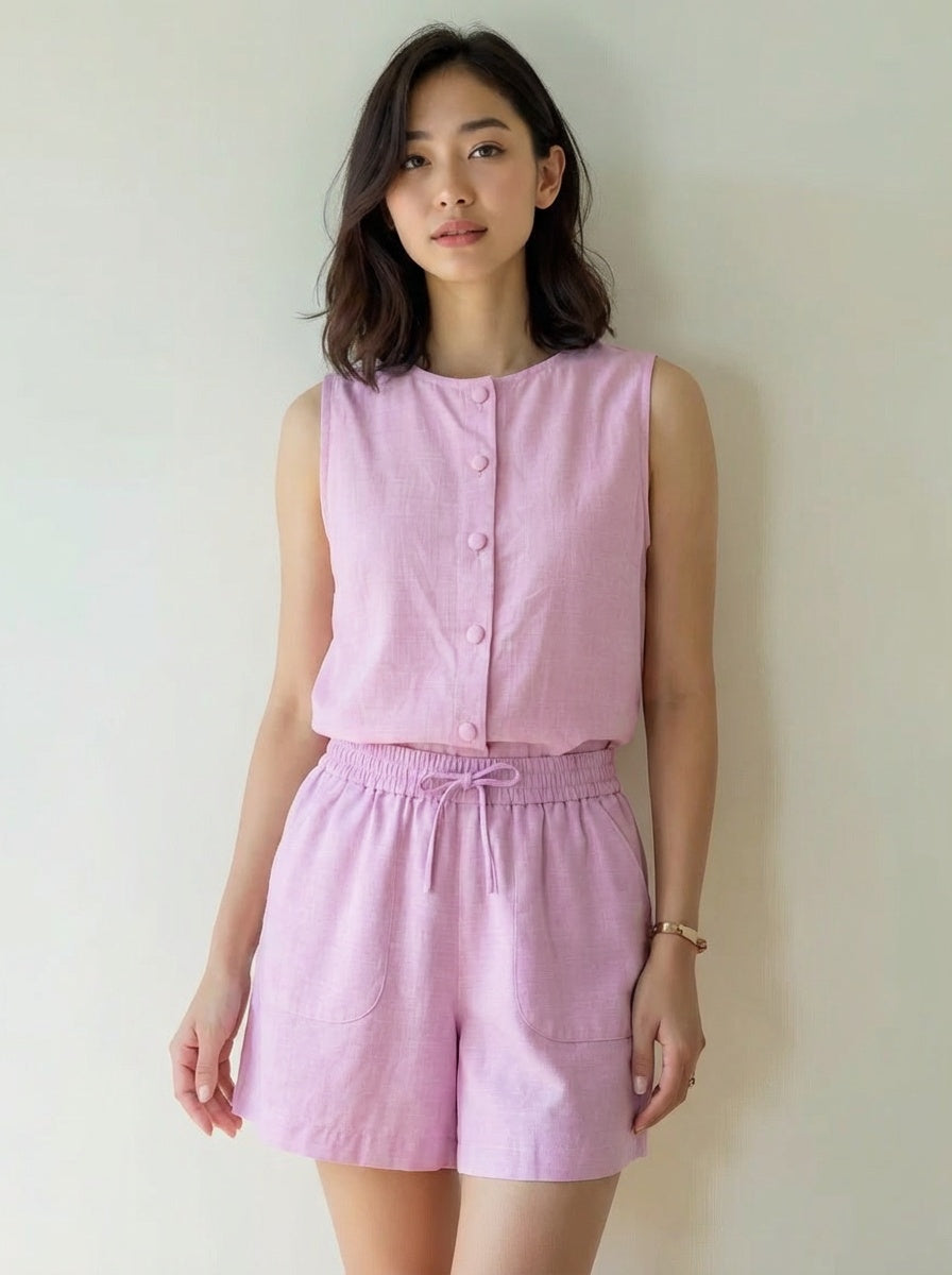 Pure Cotton Sleeveless Button-Down Top and Shorts Co-ord Set for Women Breathable Summer Two-Piece Matching Set