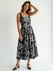 Handloom Cotton Floral Dress Elegant Black Midi Summer Dress