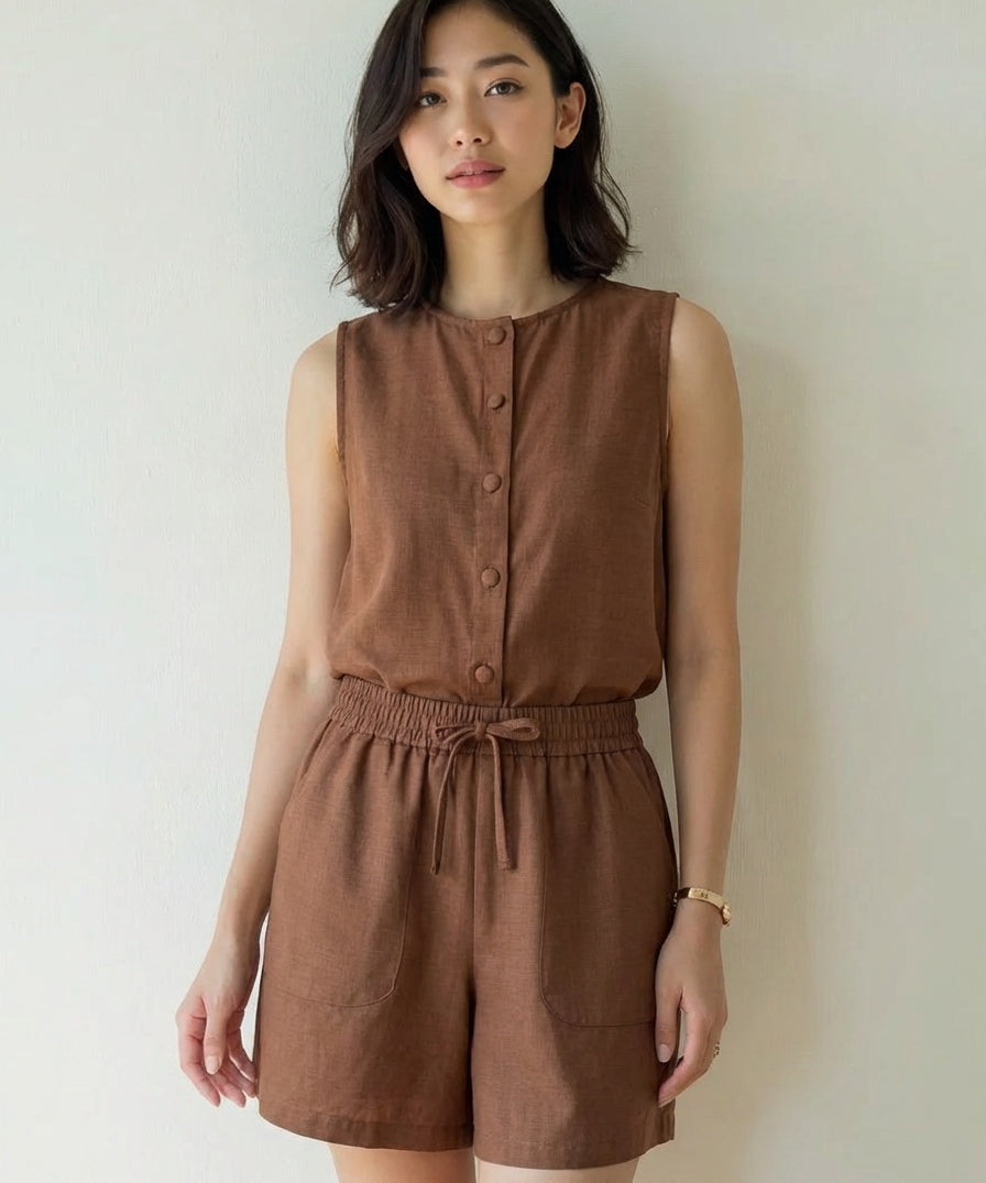 Pure Cotton Sleeveless Button-Down Top and Shorts Co-ord Set for Women Breathable Summer Two-Piece Matching Set
