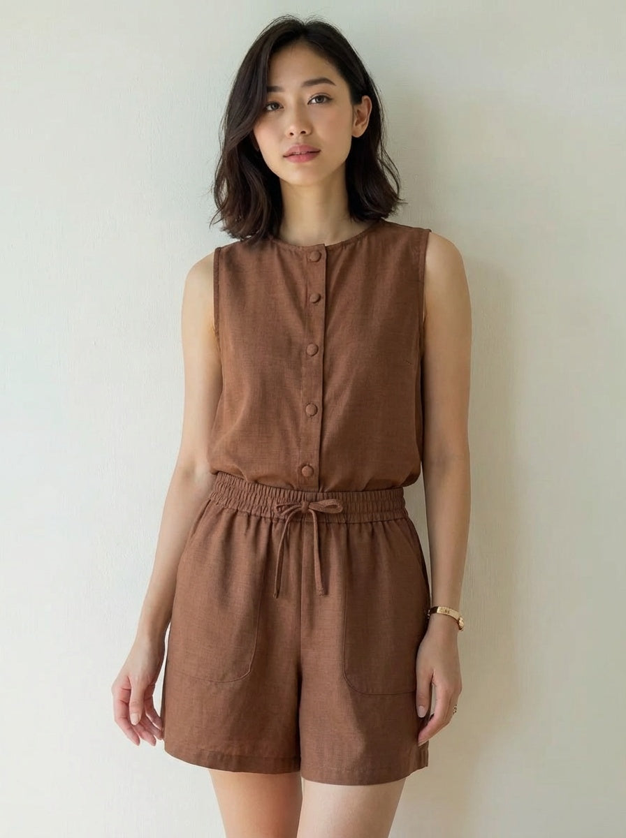 Pure Cotton Sleeveless Button-Down Top and Shorts Co-ord Set for Women Breathable Summer Two-Piece Matching Set