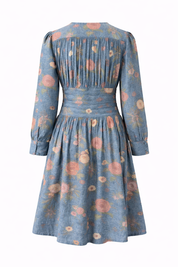 Floral Cotton Midi Dress for Women Long Sleeve V-Neck Linen Blossom Chambray Rose Boho Dress