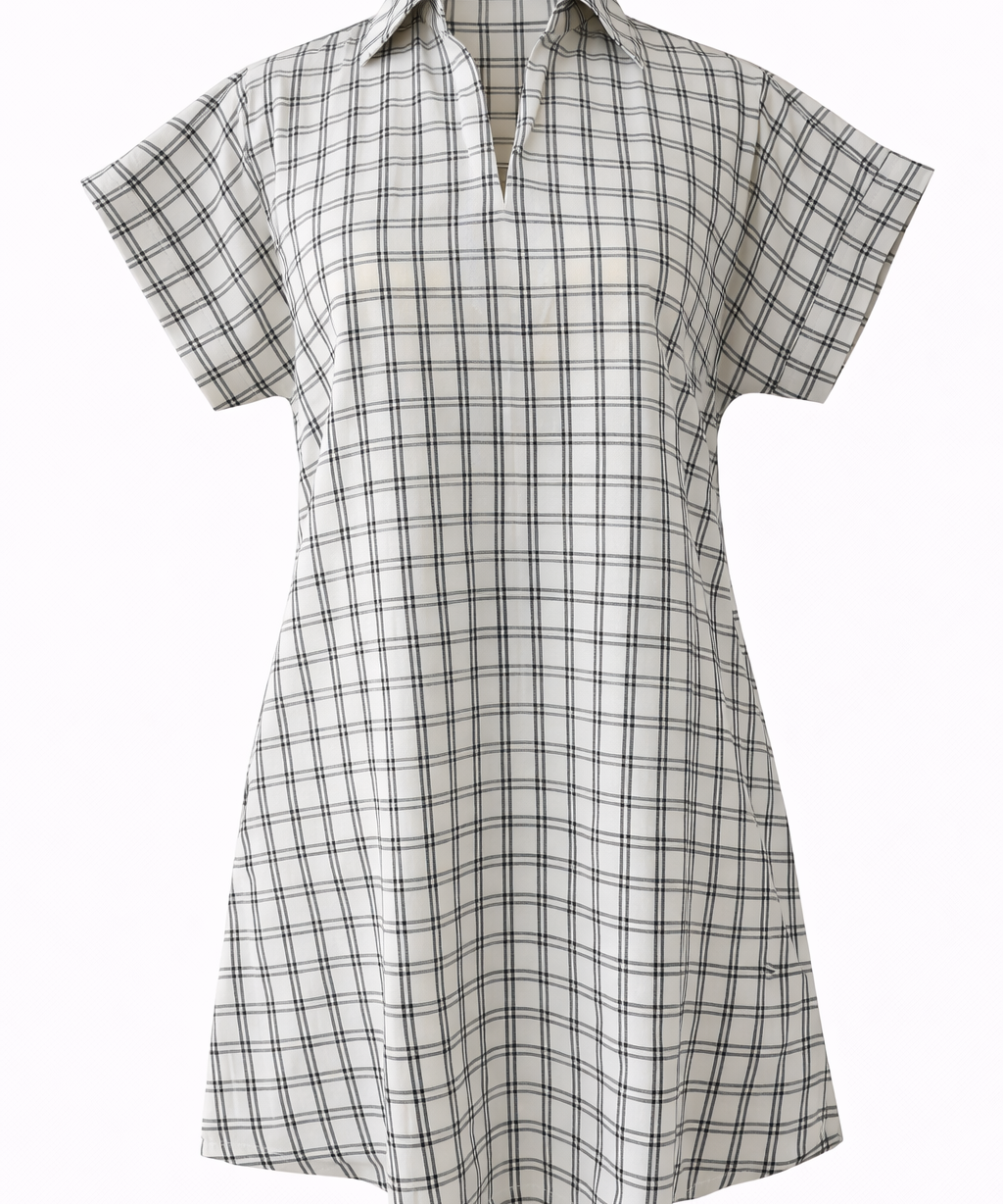 Handwoven Short Sleeve Shirt Dress Women’s Check Cotton Midi Dress
