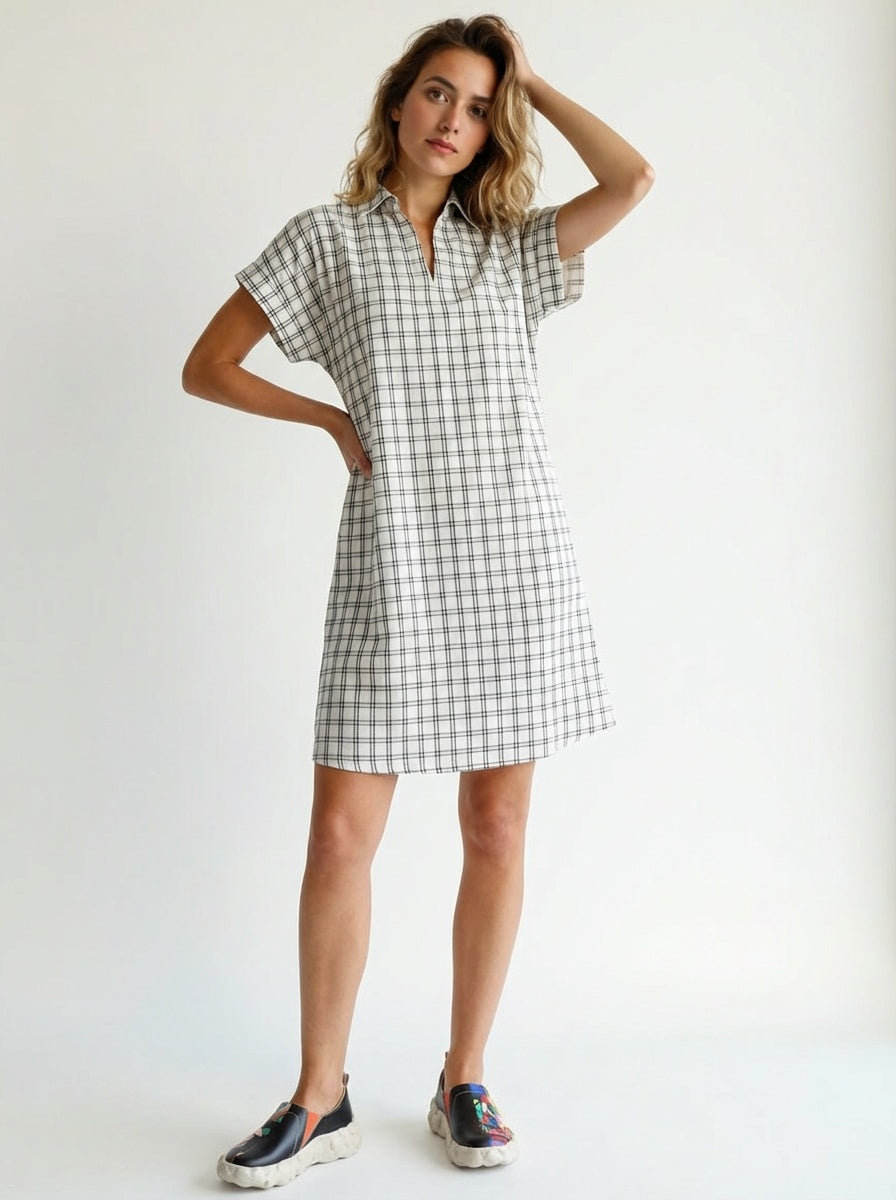 Handwoven Short Sleeve Shirt Dress Women’s Check Cotton Midi Dress
