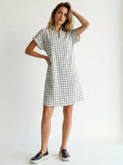 Handwoven Short Sleeve Shirt Dress Women’s Check Cotton Midi Dress