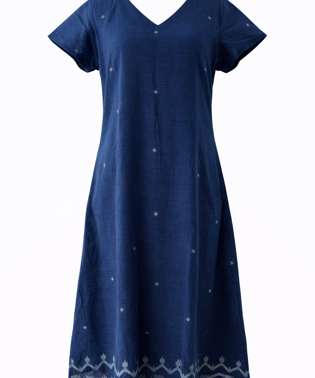 Handwoven Jamdani Khadi Dress Blue Minimalist Cotton Midi Dress