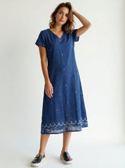 Handwoven Jamdani Khadi Dress Blue Minimalist Cotton Midi Dress