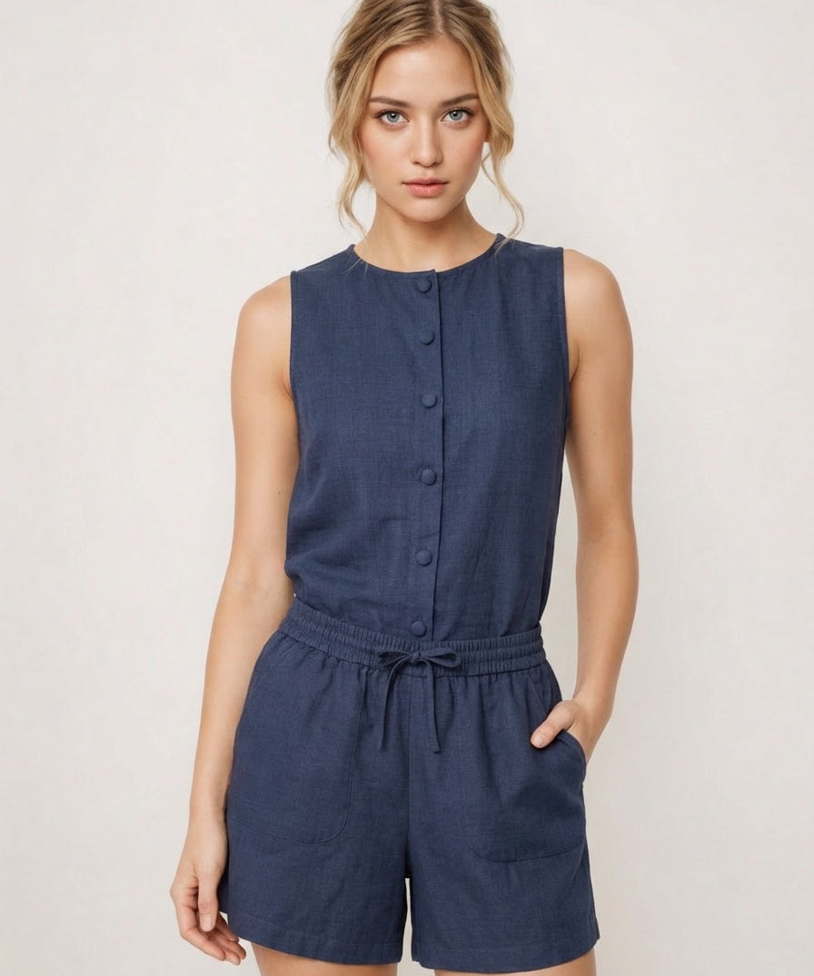 Pure Cotton Sleeveless Button-Down Top and Shorts Co-ord Set for Women Breathable Summer Two-Piece Matching Set