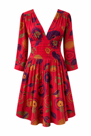 Floral Cotton Midi Dress for Women Long Sleeve V-Neck Linen Blossom Chambray Rose Boho Dress