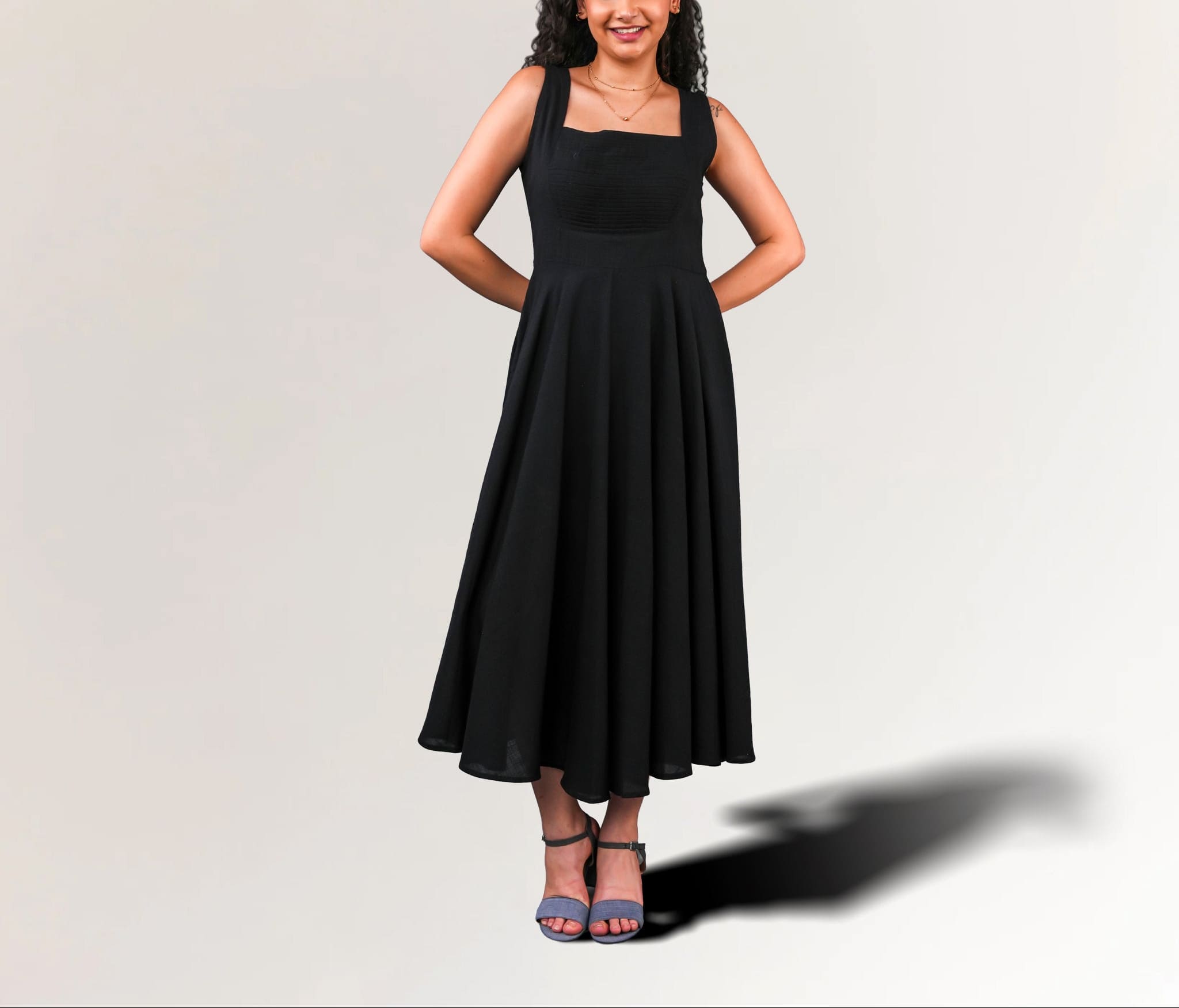 Cotton Midi Dress for Women in Black