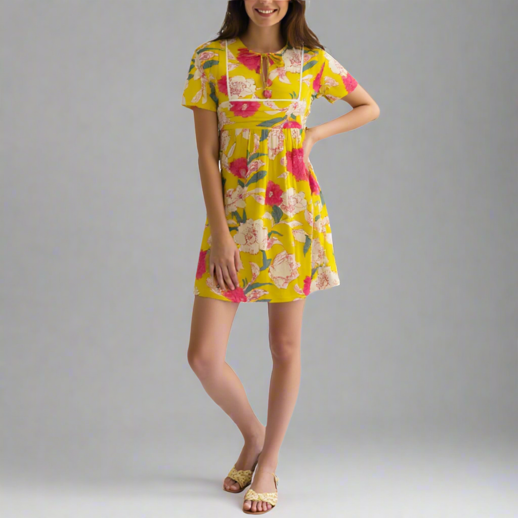 Boho floral pleated summer mini dress with feminine details