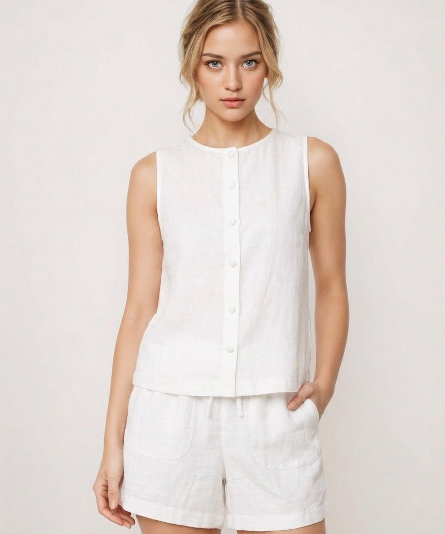 Pure Cotton Sleeveless Button-Down Top and Shorts Co-ord Set for Women Breathable Summer Two-Piece Matching Set