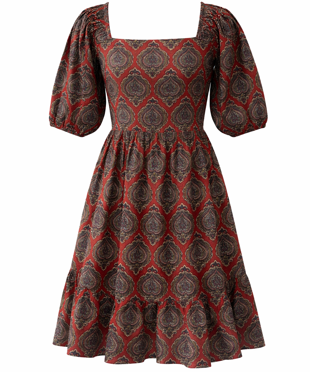 Printed Cotton Puff Sleeve Dress Women’s Square Neck Summer Dress