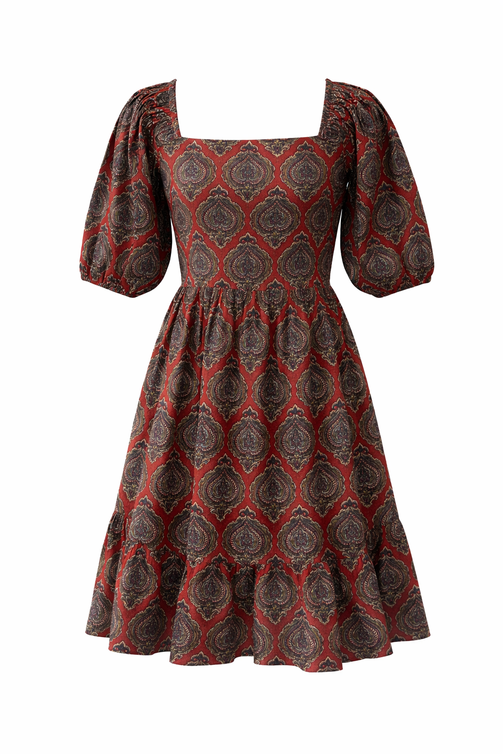Printed Cotton Puff Sleeve Dress Women’s Square Neck Summer Dress