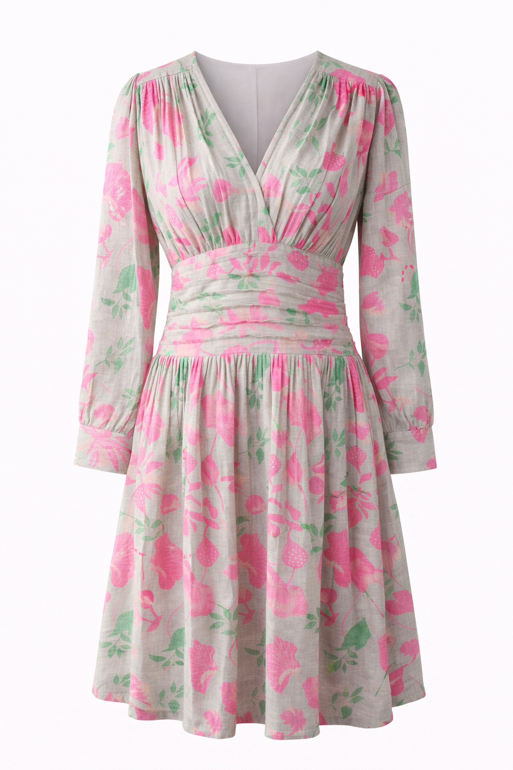 Floral Cotton Midi Dress for Women Long Sleeve V-Neck Linen Blossom Chambray Rose Boho Dress