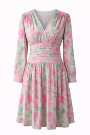 Floral Cotton Midi Dress for Women Long Sleeve V-Neck Linen Blossom Chambray Rose Boho Dress
