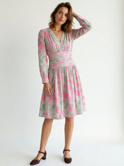 Floral Cotton Midi Dress for Women Long Sleeve V-Neck Linen Blossom Chambray Rose Boho Dress