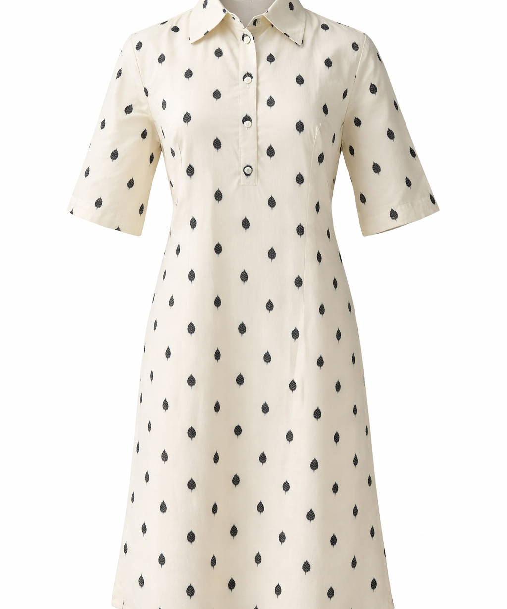 White Cotton Dobby Dress A-Line Collared Summer Midi Dress with Pockets in Ivory Confetti & Ivory Leaf