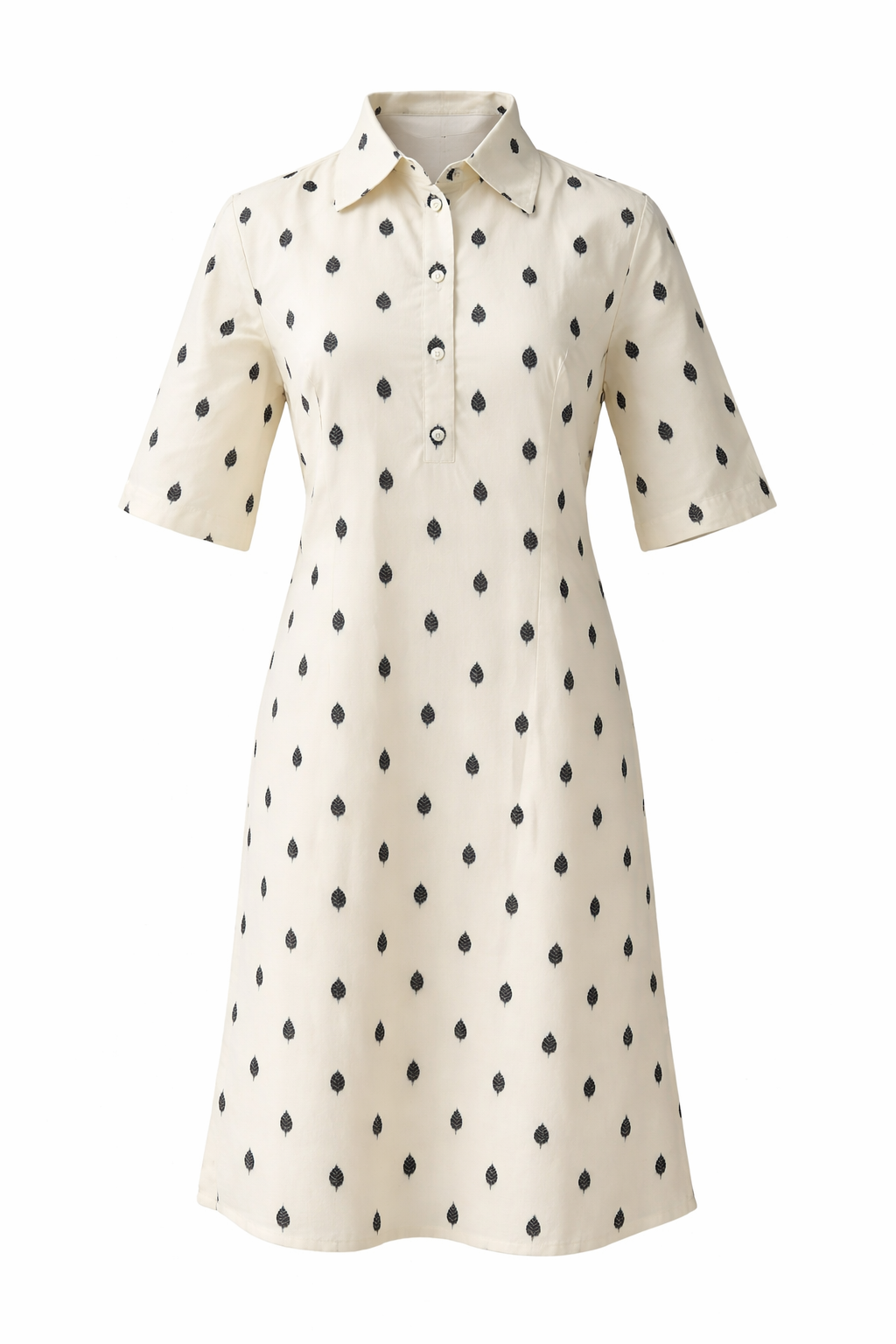 White Cotton Dobby Dress A-Line Collared Summer Midi Dress with Pockets in Ivory Confetti & Ivory Leaf