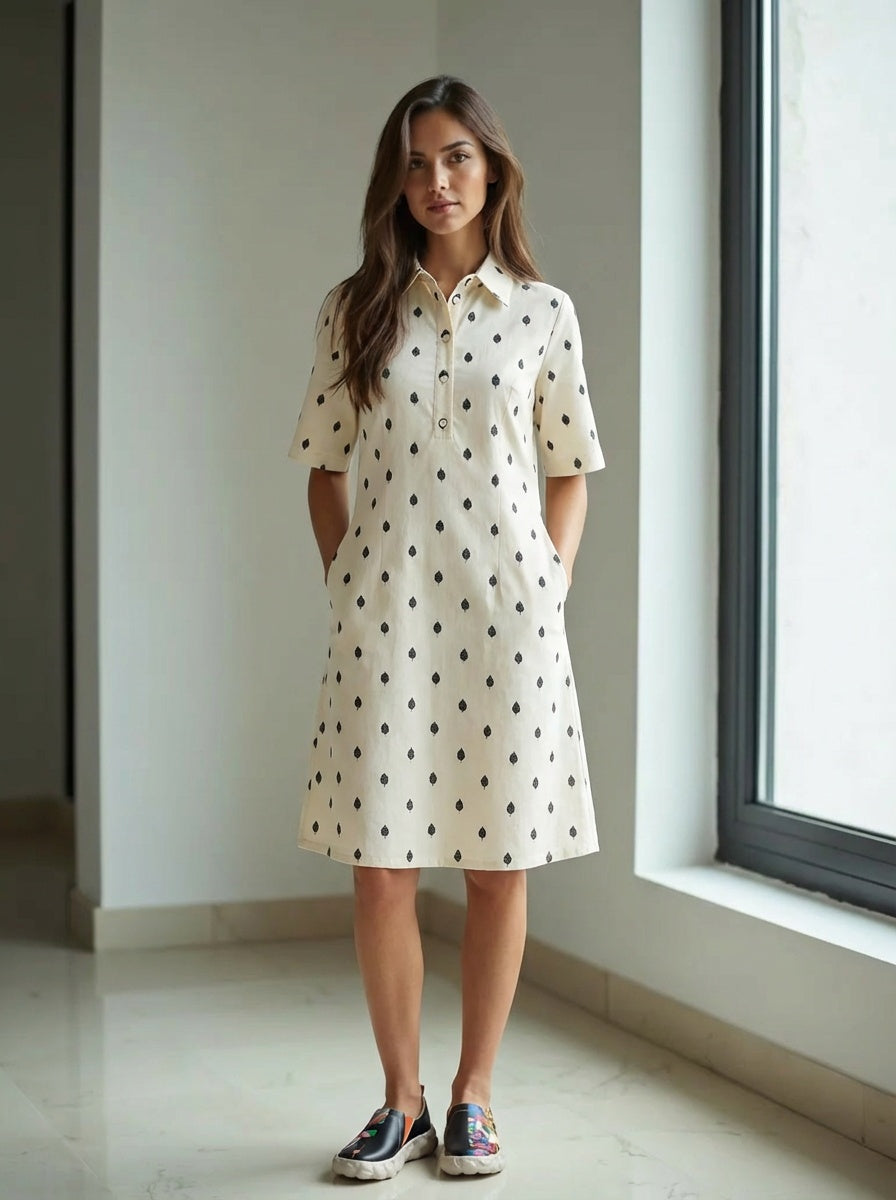 White Cotton Dobby Dress A-Line Collared Summer Midi Dress with Pockets in Ivory Confetti & Ivory Leaf