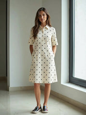 White Cotton Dobby Dress A-Line Collared Summer Midi Dress with Pockets in Ivory Confetti & Ivory Leaf