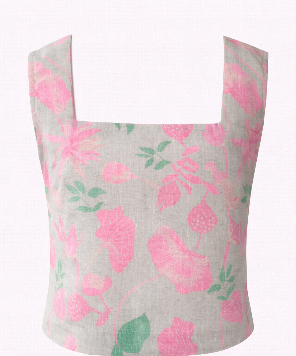 Floral Cotton Linen Co-Ord Set Summer Crop Top High-Waisted Shorts