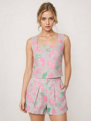Floral Cotton Linen Co-Ord Set Summer Crop Top High-Waisted Shorts