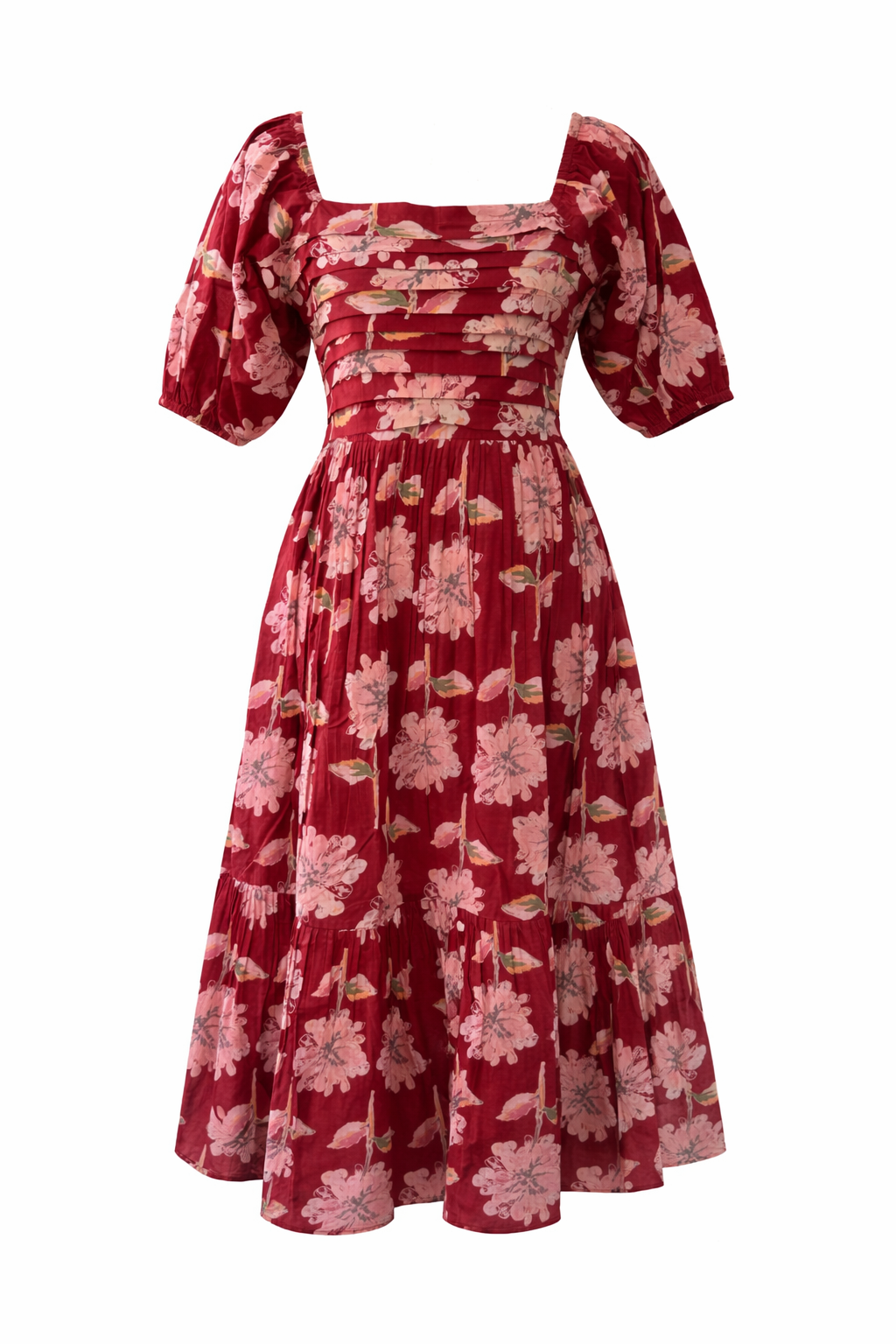 Women’s Pure Cotton Floral Midi Dress – Puff Sleeve Square Neck Summer Dress