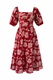 Women’s Pure Cotton Floral Midi Dress – Puff Sleeve Square Neck Summer Dress