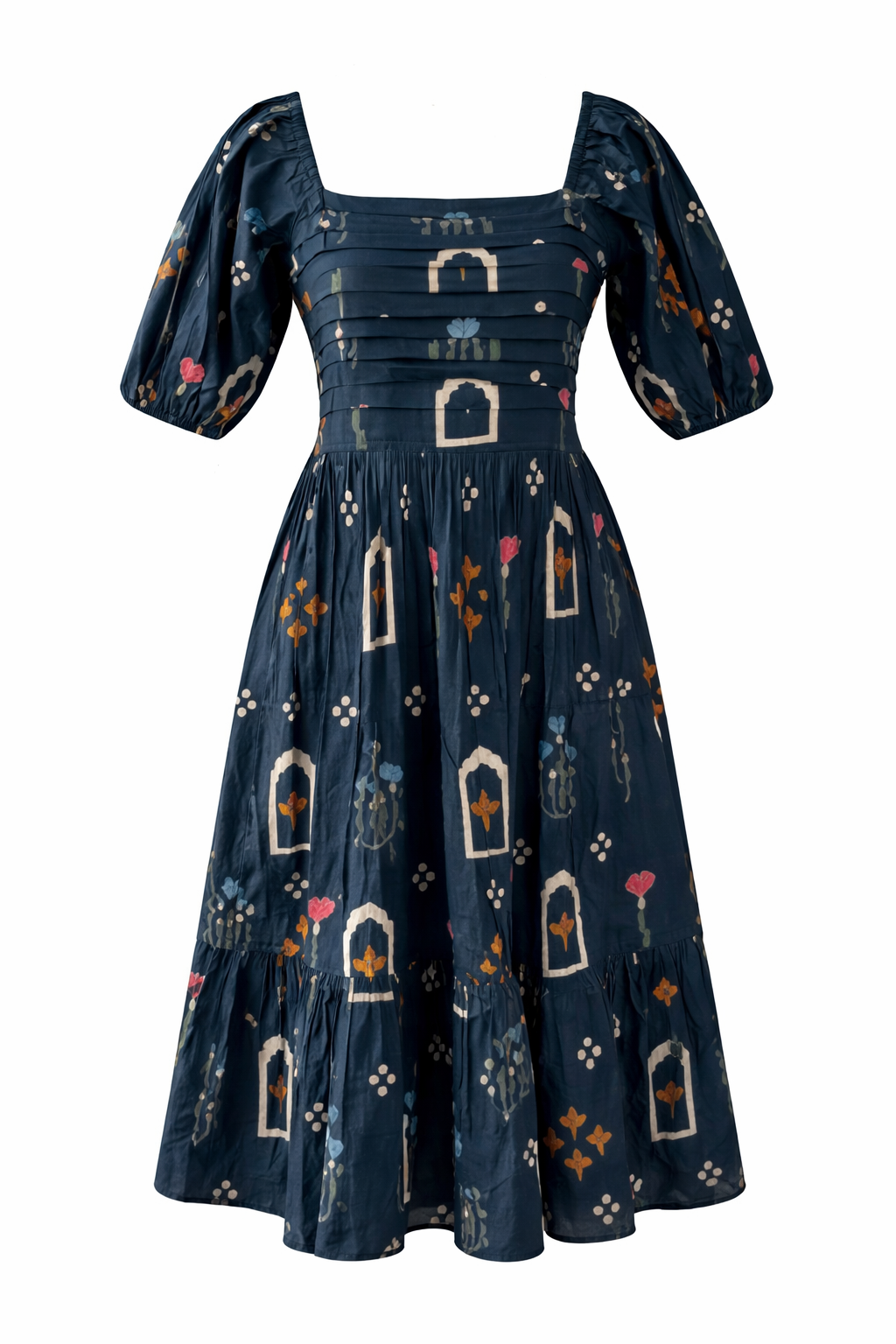 Women’s Pure Cotton Floral Midi Dress – Puff Sleeve Square Neck Summer Dress