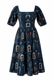 Women’s Pure Cotton Floral Midi Dress – Puff Sleeve Square Neck Summer Dress