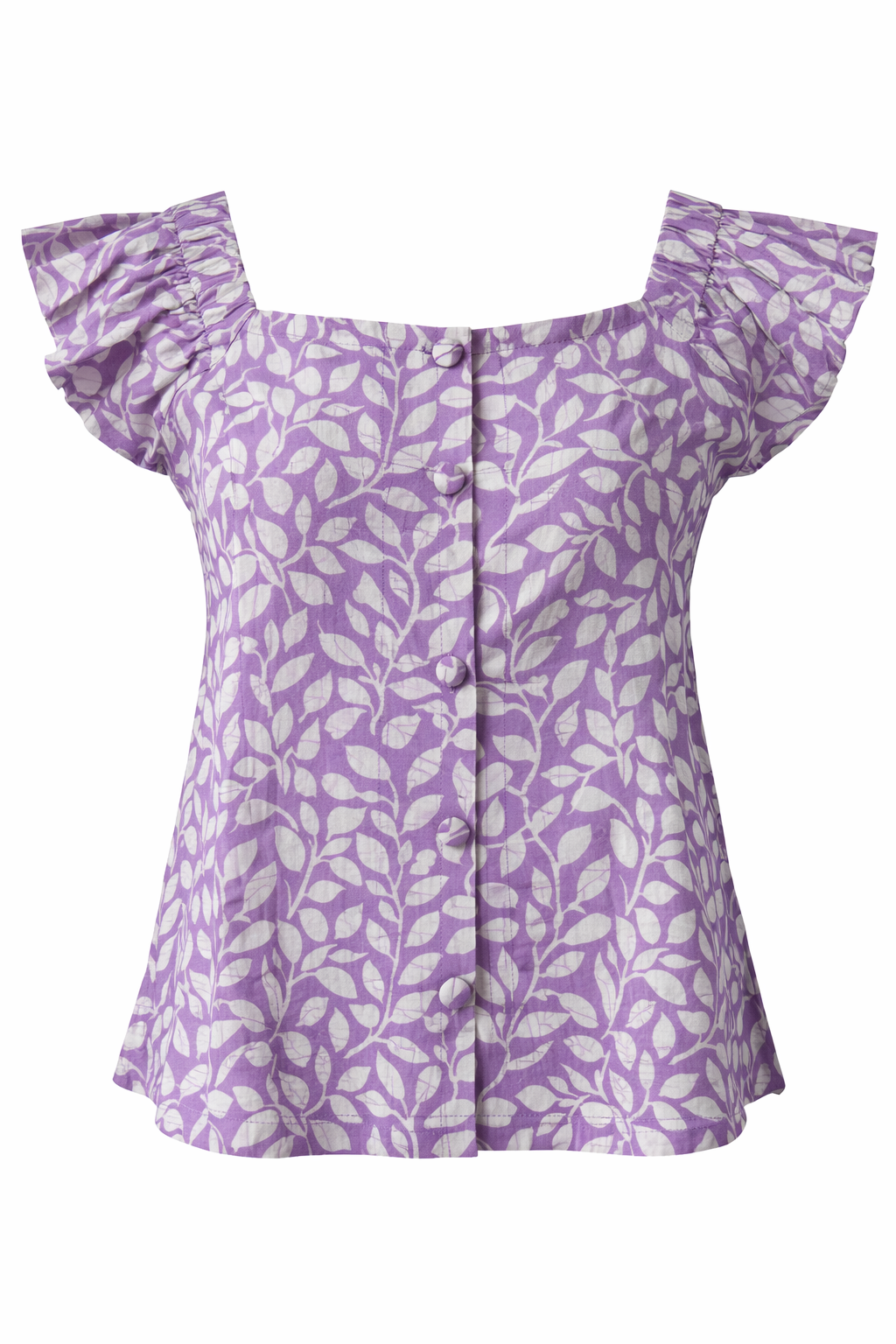 Purple floral off-shoulder blouse on a white background