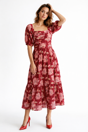 Women’s Pure Cotton Floral Midi Dress – Puff Sleeve Square Neck Summer Dress