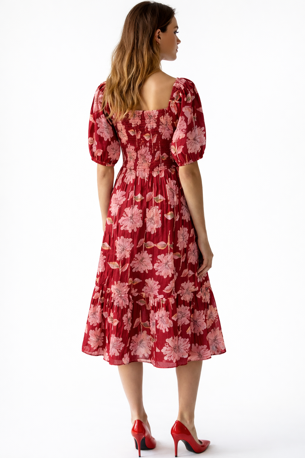 Women’s Pure Cotton Floral Midi Dress – Puff Sleeve Square Neck Summer Dress