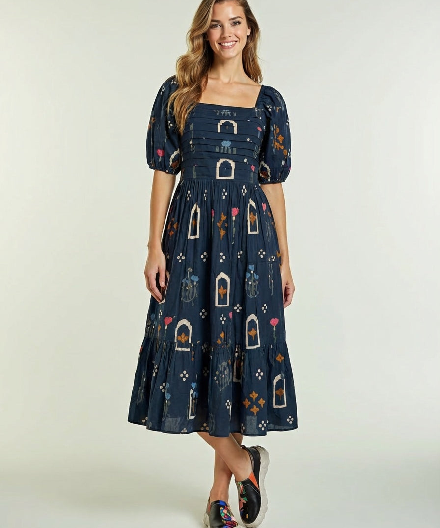 Women’s Pure Cotton Floral Midi Dress – Puff Sleeve Square Neck Summer Dress
