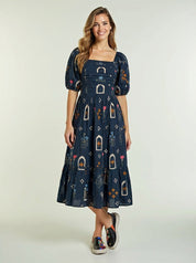 Women’s Pure Cotton Floral Midi Dress – Puff Sleeve Square Neck Summer Dress