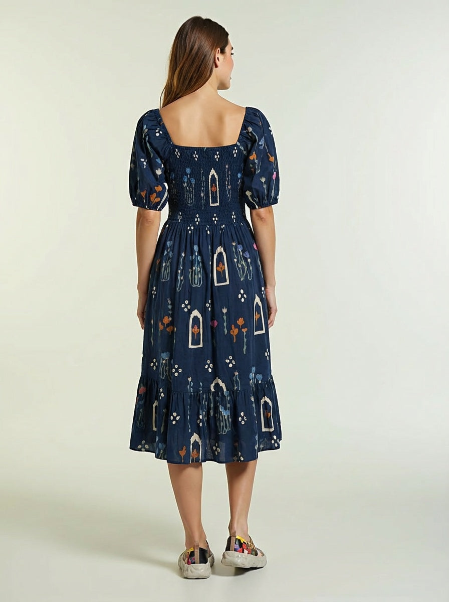 Women’s Pure Cotton Floral Midi Dress – Puff Sleeve Square Neck Summer Dress