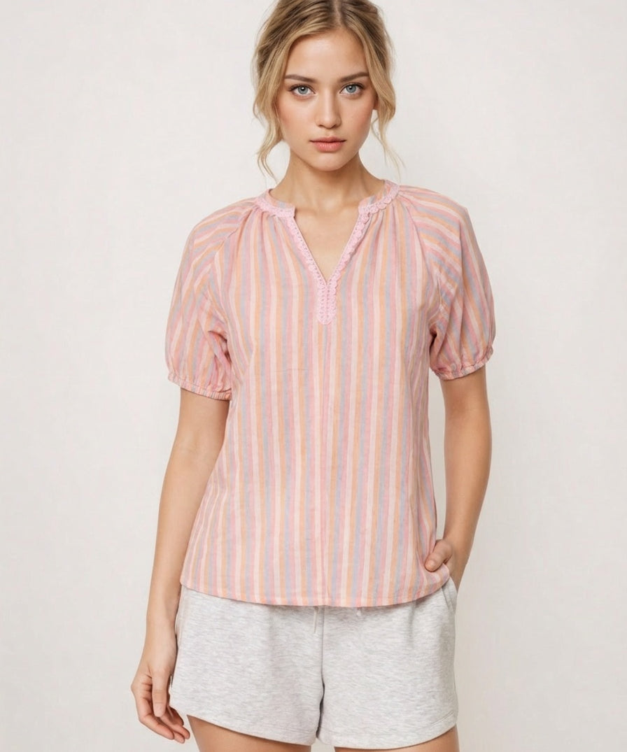 Vintage-Inspired Scalloped Collar Cotton Top