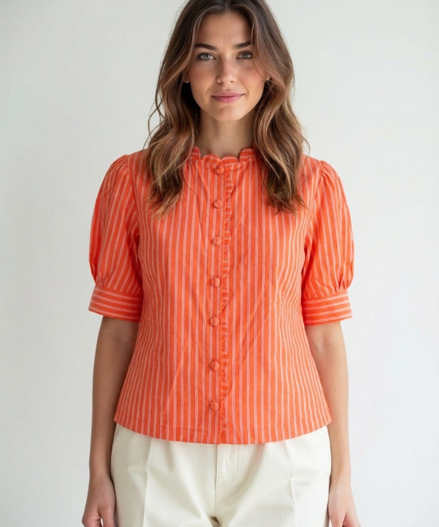 Vintage-Inspired Scalloped Collar Cotton Top