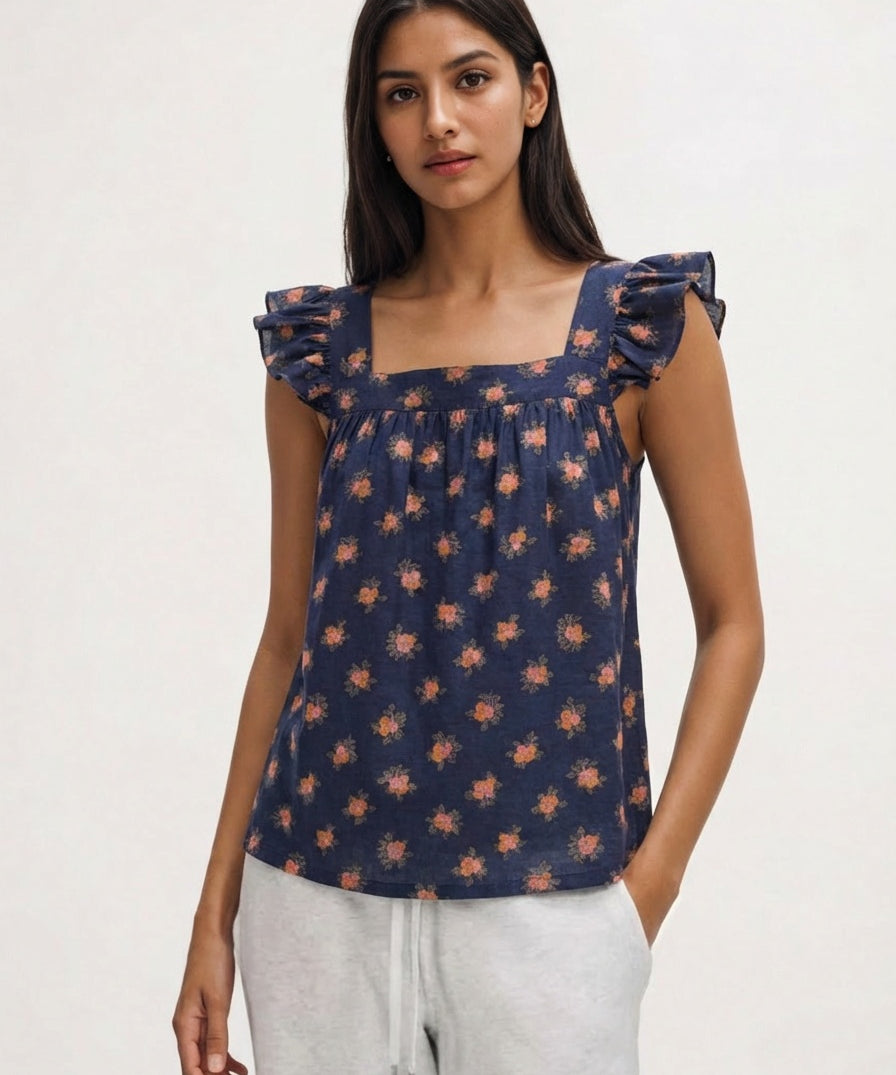 Botanical Print Feminine Flutter Sleeve Blouse