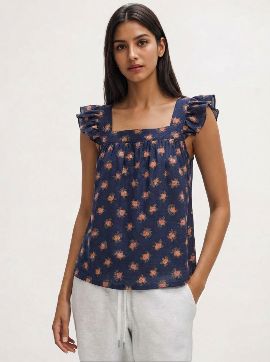 Botanical Print Feminine Flutter Sleeve Blouse