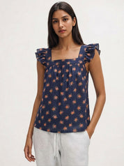 Botanical Print Feminine Flutter Sleeve Blouse