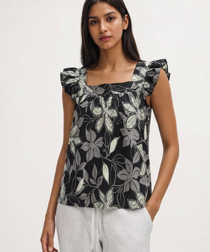 Botanical Print Feminine Flutter Sleeve Blouse