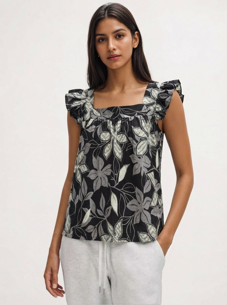 Botanical Print Feminine Flutter Sleeve Blouse