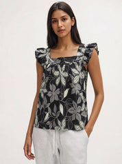 Botanical Print Feminine Flutter Sleeve Blouse