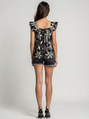 Botanical Print Feminine Flutter Sleeve Blouse
