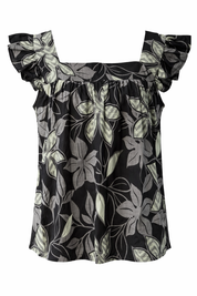 Botanical Print Feminine Flutter Sleeve Blouse