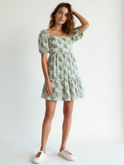 Pure Cotton Floral Puff Sleeve Mini Dress for Women