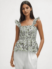 Floral Cotton Smocked Peplum Top for Women